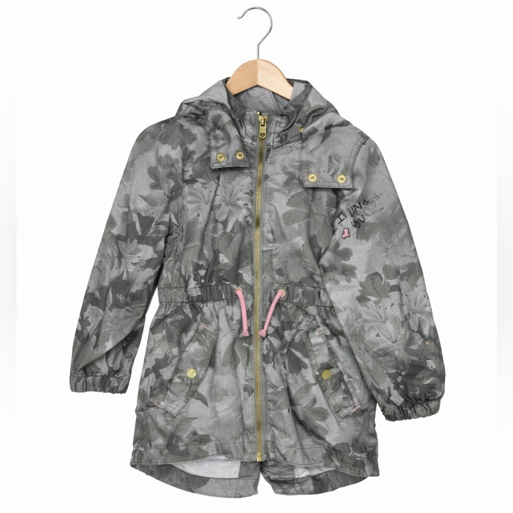 H&M Girls Floral Camo Windbreaker Jacket Gray Gold Trim Hooded Size 3T